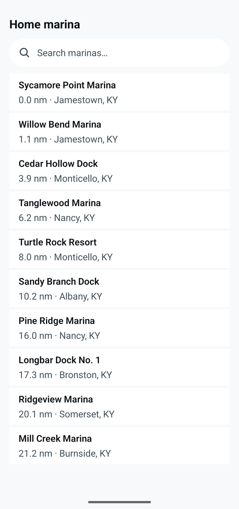 The BoatTender home-marina picker listing marinas with their distances and towns.