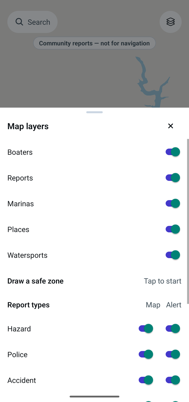 The BoatTender map layers sheet, with Boaters, Reports, Marinas, Places and Watersports each switched on or off.