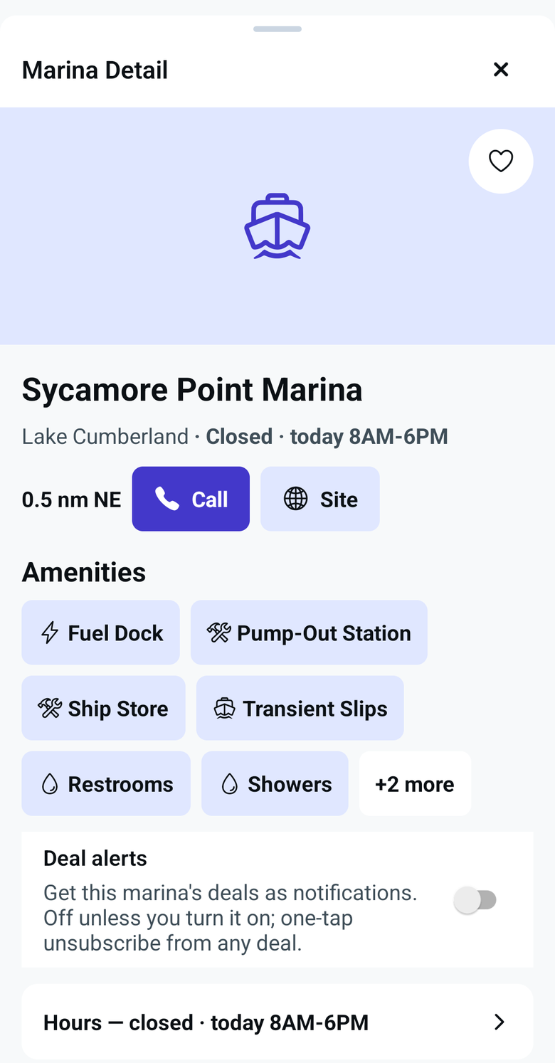 The BoatTender marina sheet for a sample marina on Lake Cumberland: today’s hours, how far off it is, Call and Site buttons, and its amenities.