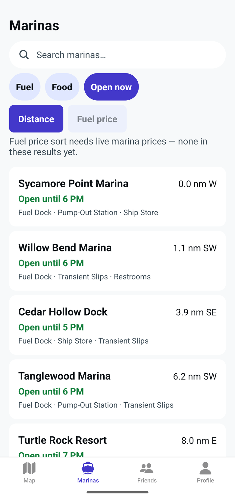 The BoatTender marinas list filtered to Open now and sorted by distance, showing sample marinas on Lake Cumberland.