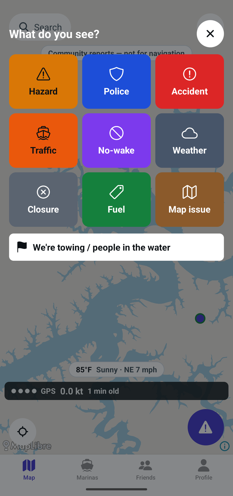 The BoatTender report type picker, 'What do you see?', with Hazard, Police, Accident, Traffic, No-wake, Weather, Closure, Fuel and Map issue.